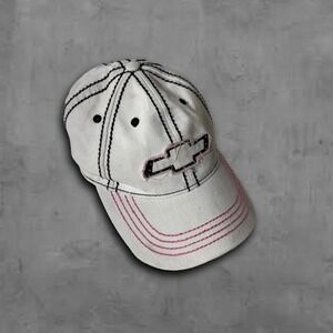 Womens White Chevrolet Chevy Logo Baseball Cap Pink Stitching Rhinestones